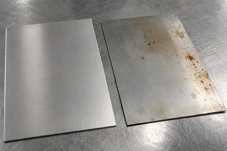 洁净不锈钢板与出现局部褐色锈斑的不锈钢板对比