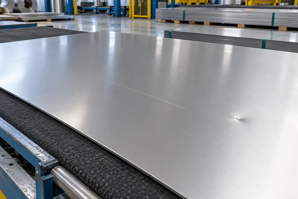 斜射检验光下带有浅划伤和小压痕的2B不锈钢板