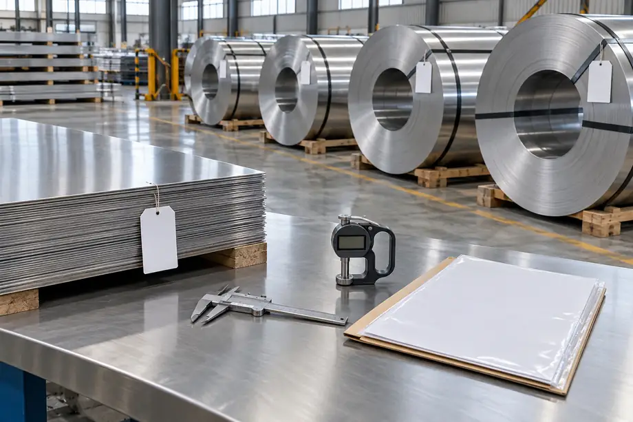 不锈钢板卷、批次标签、尺寸量具和质量文件的到货核对场景