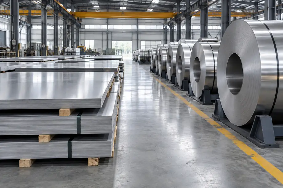 仓库内左侧存放2米宽不锈钢板、右侧存放不锈钢卷的对比场景